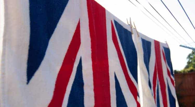 Artistic photo: Towels with a flag of Great Britain hanging from washing line